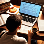 **

Prompt: *A stressed student surrounded by books and study materials, illuminated by the light of a laptop displaying a real estate regulation document. Add Turkish coffee and a small reward snack nearby. The overall atmosphere is one of determination despite the stress.*

**