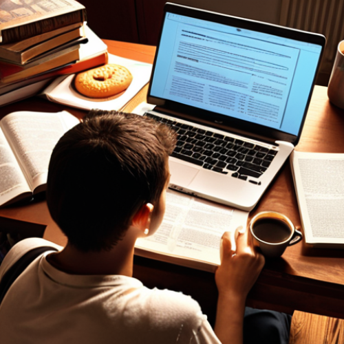 Home 23 **
Prompt: *A stressed student surrounded by books and study materials, illuminated by the light of a laptop displaying a real estate regulation document. Add Turkish coffee and a small reward snack nearby. The overall atmosphere is one of determination despite the stress.*
**
