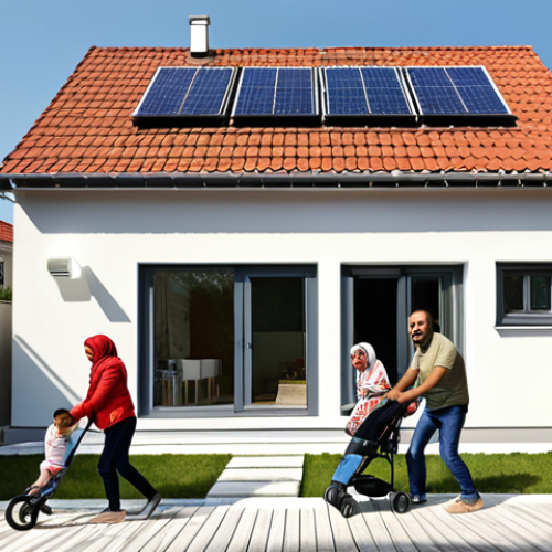 Home 22 ** A realistic photo of a Turkish family happily moving into a new modern house in Istanbul. The house should feature energy-efficient windows and solar panels on the roof. The scene should emphasize the joy of homeownership and sustainable living.
**