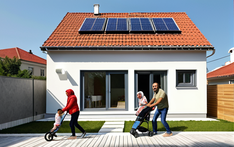 ** A realistic photo of a Turkish family happily moving into a new modern house in Istanbul. The house should feature energy-efficient windows and solar panels on the roof. The scene should emphasize the joy of homeownership and sustainable living.
**