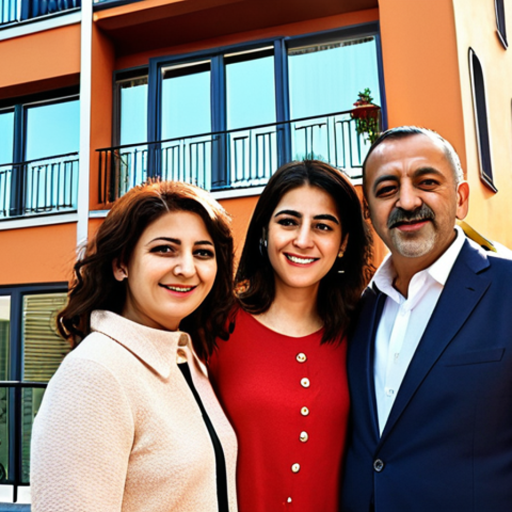 **

A modern Turkish family (parents and two children) happily standing in front of their newly purchased, stylish apartment in a vibrant Istanbul neighborhood. The apartment building features a contemporary design with large windows and balconies overlooking the city. Sunlight streams onto their faces, symbolizing a bright financial future through real estate investment.

**