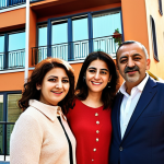 **

A modern Turkish family (parents and two children) happily standing in front of their newly purchased, stylish apartment in a vibrant Istanbul neighborhood. The apartment building features a contemporary design with large windows and balconies overlooking the city. Sunlight streams onto their faces, symbolizing a bright financial future through real estate investment.

**
