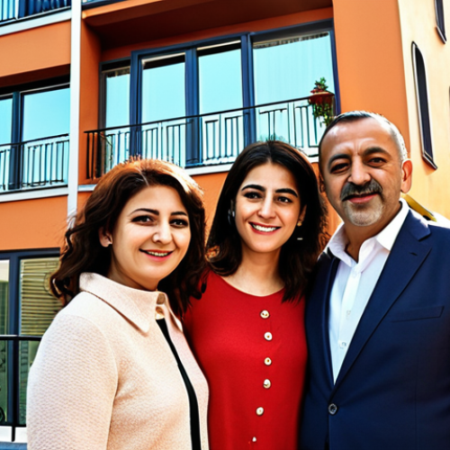 Home 21 **
A modern Turkish family (parents and two children) happily standing in front of their newly purchased, stylish apartment in a vibrant Istanbul neighborhood. The apartment building features a contemporary design with large windows and balconies overlooking the city. Sunlight streams onto their faces, symbolizing a bright financial future through real estate investment.
**