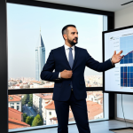 A professional Turkish real estate agent, fully clothed in a modest business suit, stands confidently in a sleek, modern real estate office. They are gesturing towards a large digital display showing property data or an architectural model. The office features contemporary design, natural lighting from large windows, and a subtle city skyline in the background, conveying an atmosphere of expertise and trust. safe for work, appropriate content, professional, perfect anatomy, correct proportions, natural pose, well-formed hands, proper finger count, natural body proportions, professional photography, high resolution, detailed, realistic, sharp focus.