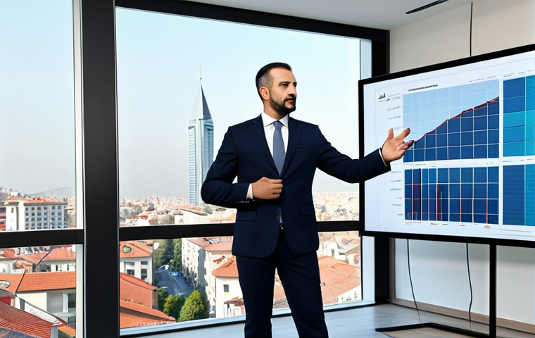 A professional Turkish real estate agent, fully clothed in a modest business suit, stands confidently in a sleek, modern real estate office. They are gesturing towards a large digital display showing property data or an architectural model. The office features contemporary design, natural lighting from large windows, and a subtle city skyline in the background, conveying an atmosphere of expertise and trust. safe for work, appropriate content, professional, perfect anatomy, correct proportions, natural pose, well-formed hands, proper finger count, natural body proportions, professional photography, high resolution, detailed, realistic, sharp focus.