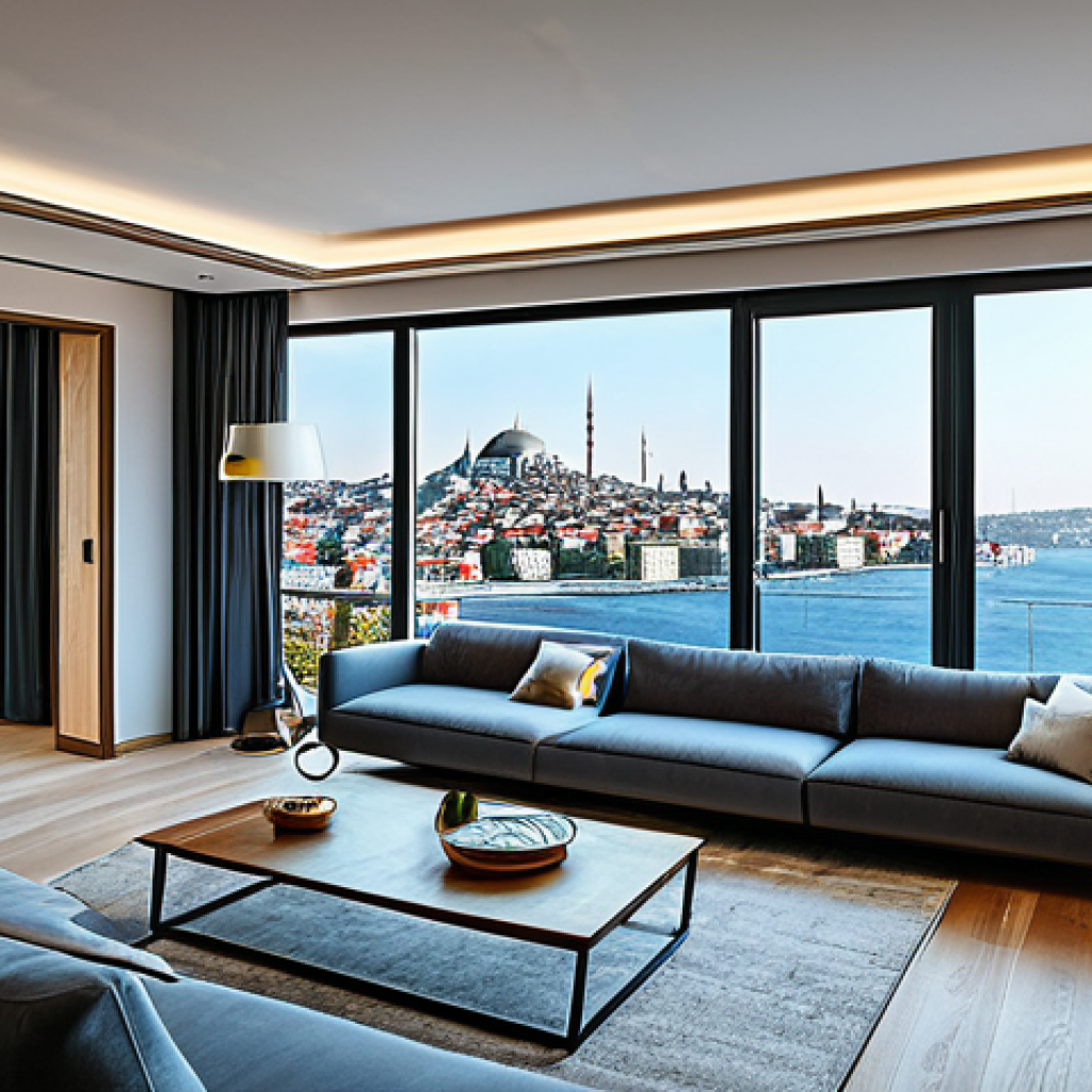 공인중개사와 최신 부동산 기술의 접목 사례 - **VR Real Estate Tour:** "Modern apartment interior in Istanbul, showcasing a living room with Bosph...