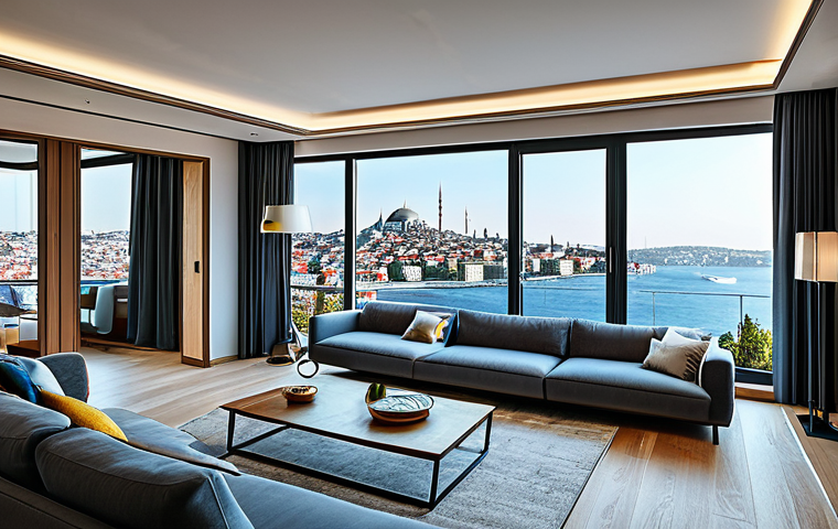 공인중개사와 최신 부동산 기술의 접목 사례 - **VR Real Estate Tour:** "Modern apartment interior in Istanbul, showcasing a living room with Bosph...