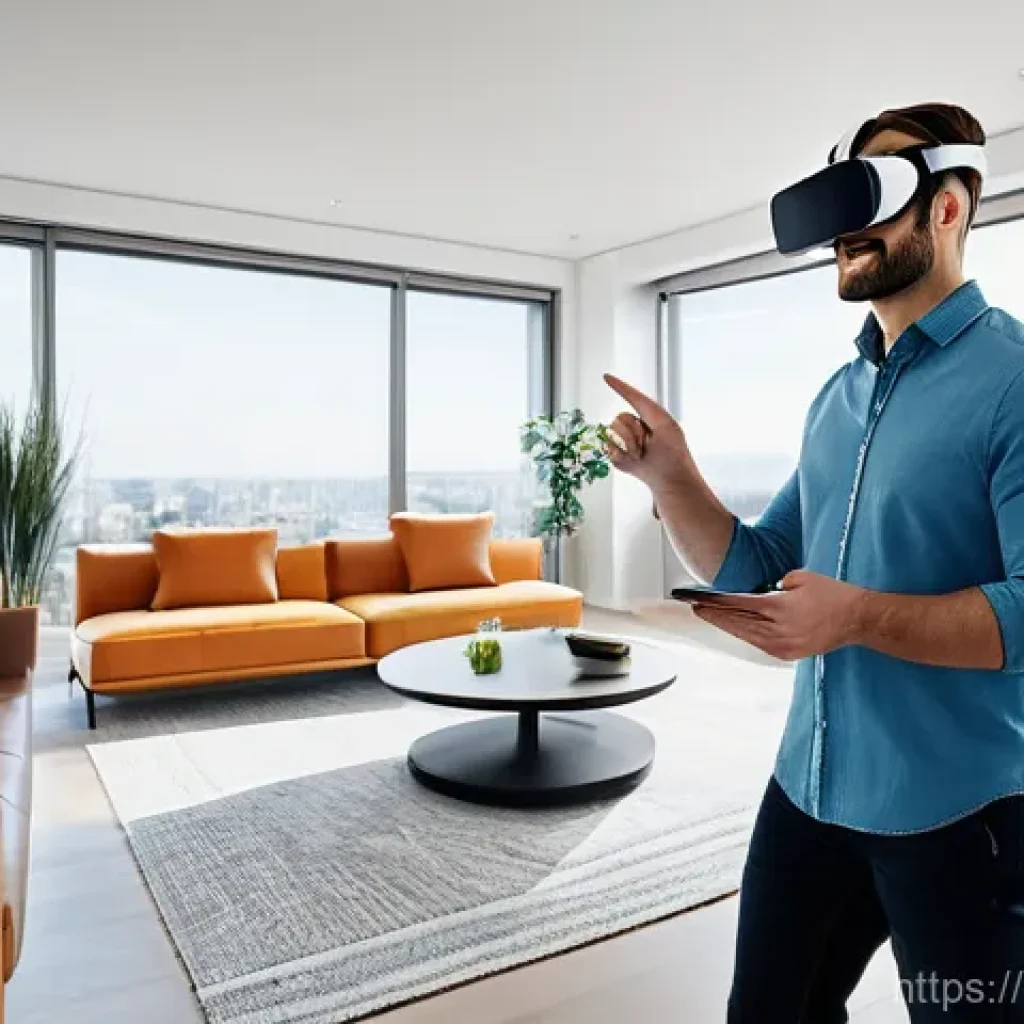 공인중개사와 최신 부동산 기술의 접목 방법 - **Immersive Virtual Property Tour Experience:** A potential homebuyer, mid-30s, professionally dress...