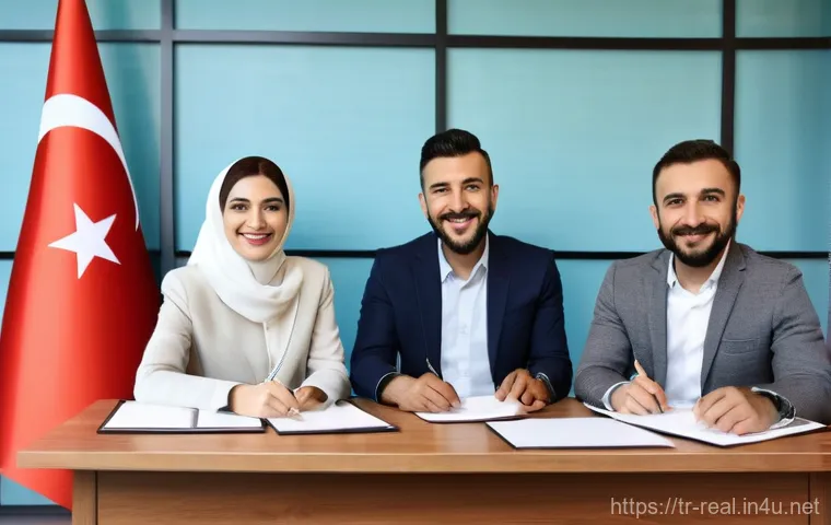 공인중개사 필수 용어 사전 - A vibrant and modern Turkish land registry office (Tapu Dairesi). A diverse Turkish couple, dressed ...