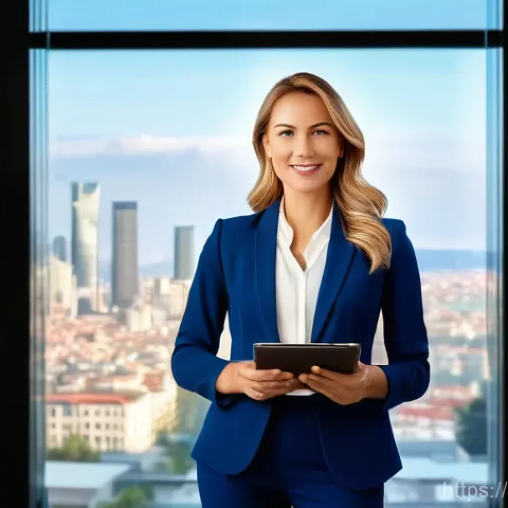 공인중개사와 최신 부동산 기술 활용 방법 - A vibrant, professional scene featuring a female real estate agent in her late 30s, dressed in a sha...