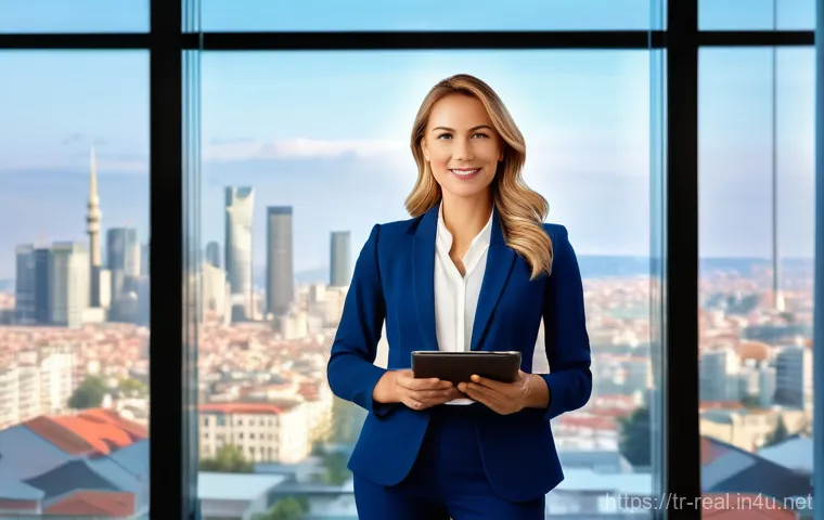 공인중개사와 최신 부동산 기술 활용 방법 - A vibrant, professional scene featuring a female real estate agent in her late 30s, dressed in a sha...