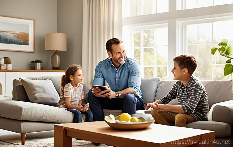 공인중개사와 최신 부동산 기술 활용 방법 - A cozy yet modern living room where a diverse couple in their early 30s, dressed in smart casual clo...