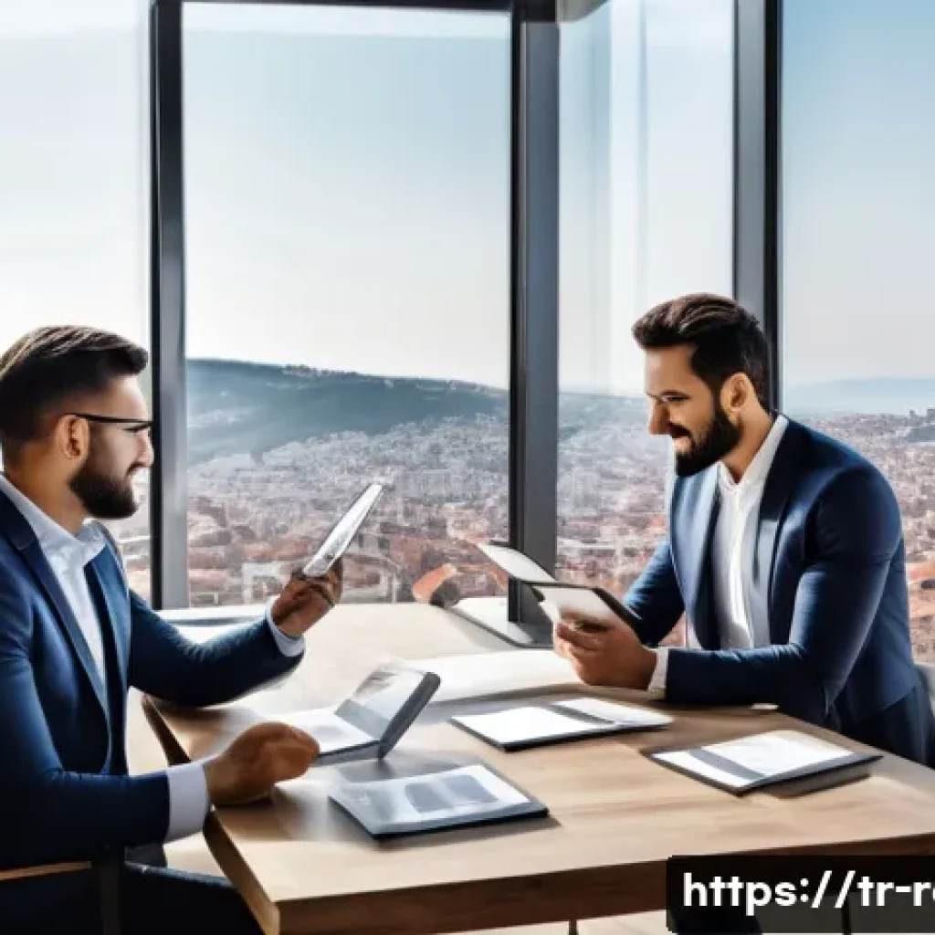 공인중개사와 부동산 컨설턴트 차이 - A professional Turkish real estate consultant presenting a modern apartment portfolio to diverse cli...