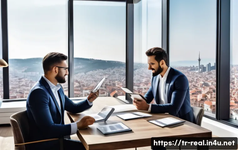 공인중개사와 부동산 컨설턴트 차이 - A professional Turkish real estate consultant presenting a modern apartment portfolio to diverse cli...