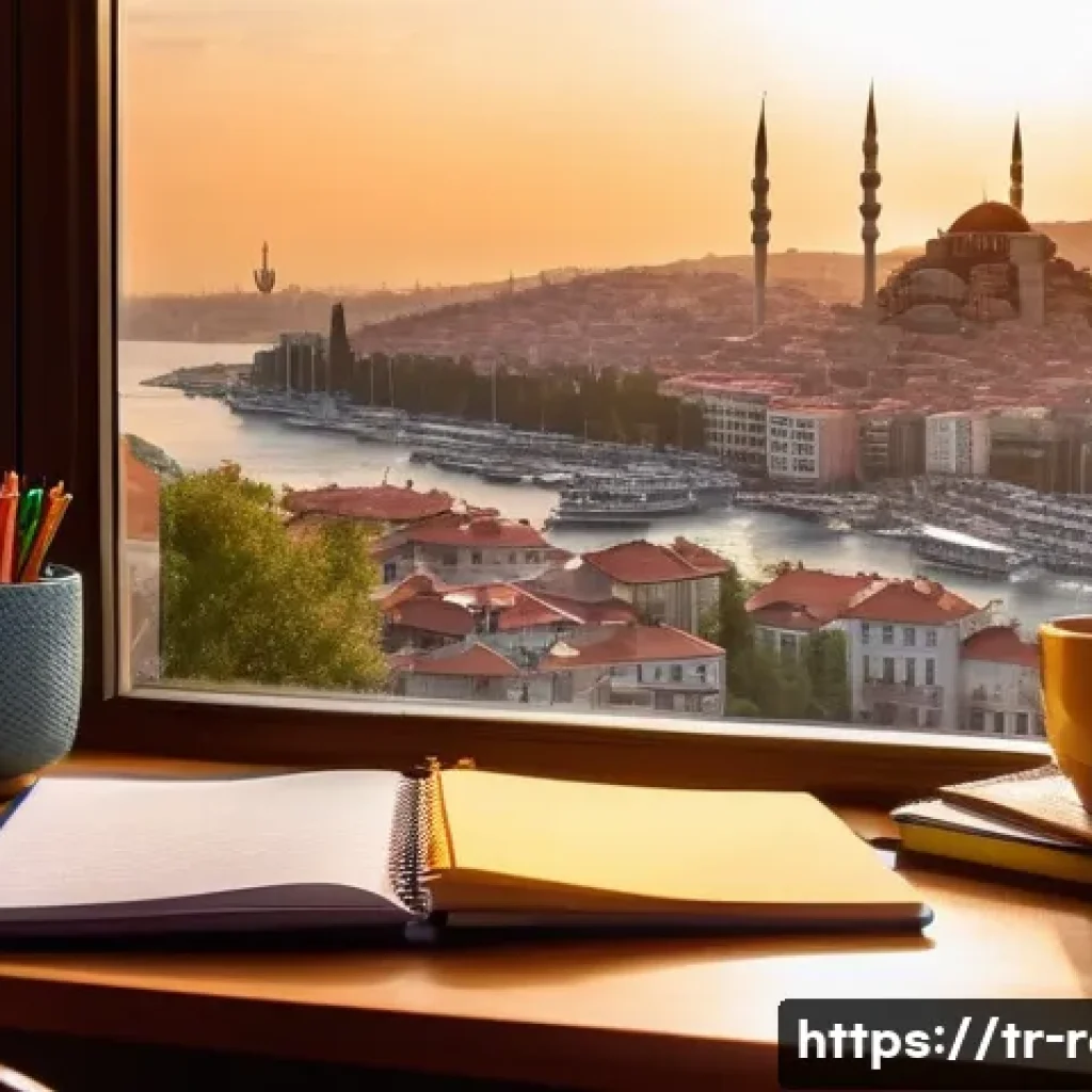 공인중개사 시험 전략 세우기 - A modern Turkish student’s study desk by a window overlooking Istanbul skyline at sunset, featuring ...