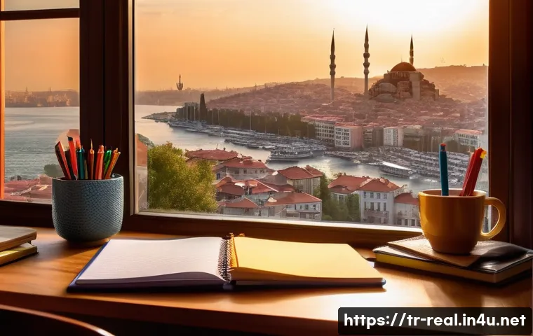 공인중개사 시험 전략 세우기 - A modern Turkish student’s study desk by a window overlooking Istanbul skyline at sunset, featuring ...