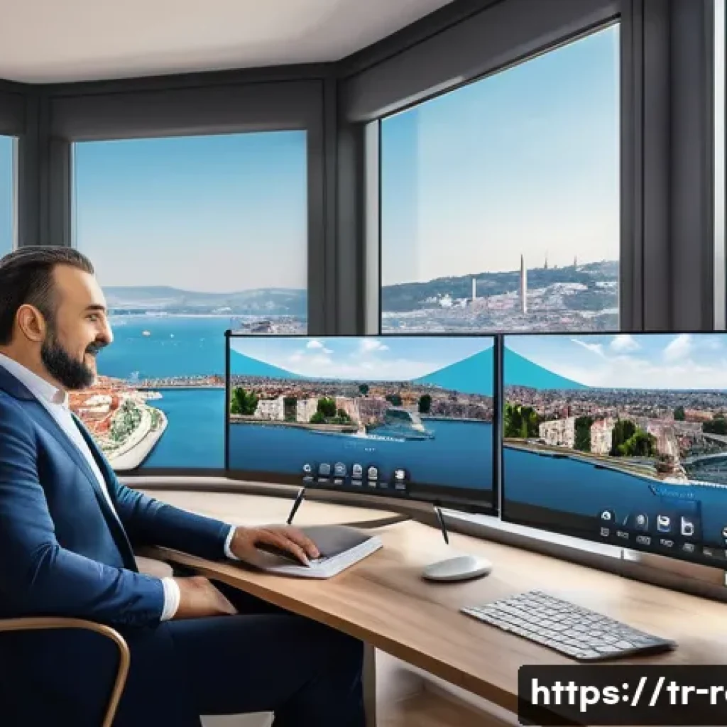 공인중개사와 부동산 시장의 변화와 관련된 연구 - A modern Turkish real estate agent’s office interior, featuring a sleek desk with dual monitors disp...