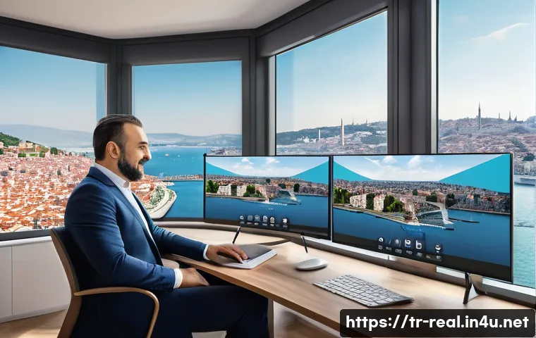 공인중개사와 부동산 시장의 변화와 관련된 연구 - A modern Turkish real estate agent’s office interior, featuring a sleek desk with dual monitors disp...