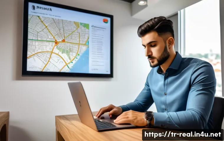 공인중개사 시험을 위한 유튜브 강의 추천 - A modern Turkish real estate office setting showing a professional young man studying property law a...