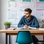 공인중개사 시험 성공을 위한 팁 공유 - A focused young Turkish student sitting at a modern study desk in a bright, cozy room filled with na...