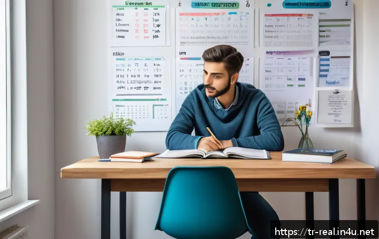공인중개사 시험 성공을 위한 팁 공유 - A focused young Turkish student sitting at a modern study desk in a bright, cozy room filled with na...