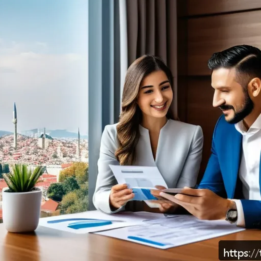 공인중개사 성공 사례 및 실패 사례 - A professional real estate agent in modern Istanbul office setting, engaging warmly with a diverse T...