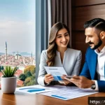 공인중개사 성공 사례 및 실패 사례 - A professional real estate agent in modern Istanbul office setting, engaging warmly with a diverse T...