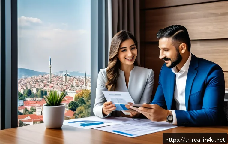 공인중개사 성공 사례 및 실패 사례 - A professional real estate agent in modern Istanbul office setting, engaging warmly with a diverse T...