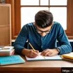 공인중개사 시험 준비와 관련된 최신 기법 활용 사례 - A focused young Turkish student sitting at a wooden desk in a cozy, sunlit room, surrounded by color...