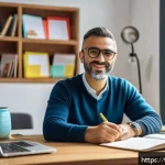 공인중개사 시험 성공 사례와 실패 사례 분석 - A focused Turkish adult real estate exam candidate studying at a tidy desk in a modern home office, ...