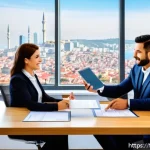 공인중개사 자격증 장단점 분석 - A professional Turkish real estate consultant confidently presenting property options to diverse cli...