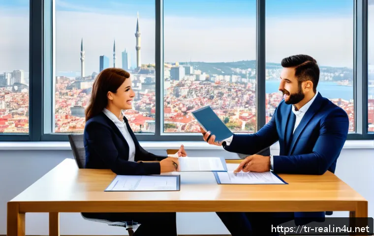 공인중개사 자격증 장단점 분석 - A professional Turkish real estate consultant confidently presenting property options to diverse cli...