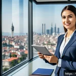 Home 18 공인중개사 자격증 취득 후 사회적 네트워킹 - A professional Turkish real estate agent in modern business attire standing confidently in a sleek, ...