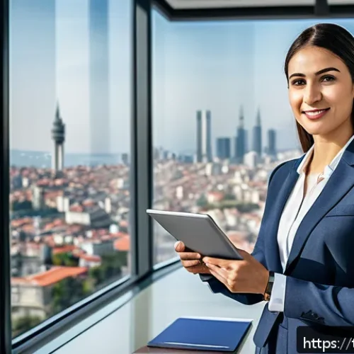 Home 30 공인중개사 자격증 취득 후 사회적 네트워킹 - A professional Turkish real estate agent in modern business attire standing confidently in a sleek, ...