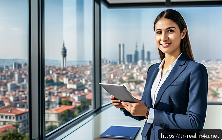 공인중개사 자격증 취득 후 사회적 네트워킹 - A professional Turkish real estate agent in modern business attire standing confidently in a sleek, ...
