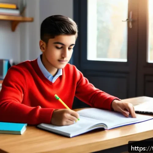 Home 17 공인중개사 시험 준비와 동기 부여 사례 연구 - A focused young Turkish student sitting at a wooden desk in a cozy, sunlit room, surrounded by neatl...