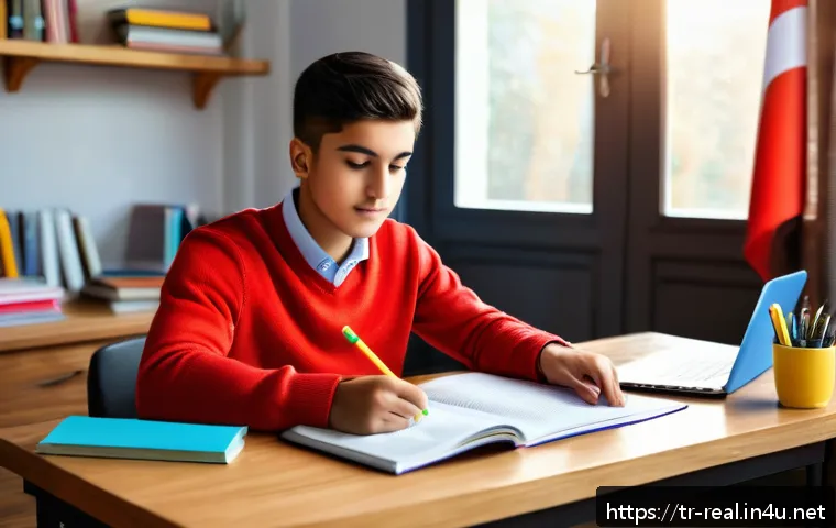 공인중개사 시험 준비와 동기 부여 사례 연구 - A focused young Turkish student sitting at a wooden desk in a cozy, sunlit room, surrounded by neatl...