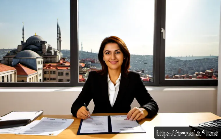 Home 17 공인중개사 자격증 취득 후 경력 전환 성공 사례 - Photorealistic career-transition success scene in Istanbul, confident Turkish woman in her early 40s...