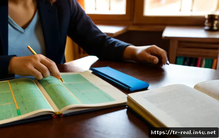 공인중개사 시험 과목별 최신 트렌드 - Photorealistic Turkish real estate licensing exam preparation scene, focused adult student at a tidy...
