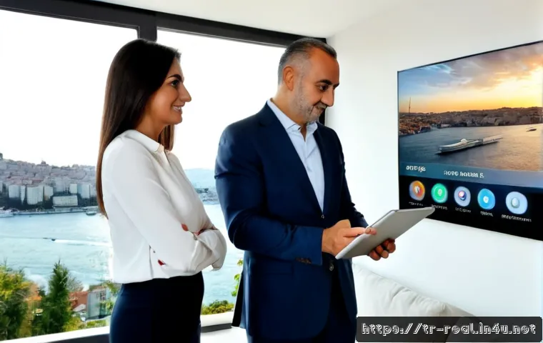 공인중개사와 스마트 부동산 시장의 연결성 - Photorealistic Turkish real estate agent in smart business attire meeting a middle-aged couple at a ...
