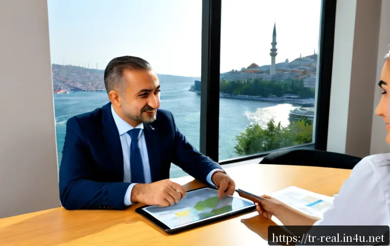 Home 17 공인중개사와 지역 부동산 시장 트렌드 연구 - Photorealistic Turkish real estate agent in a modest professional suit discussing neighborhood housi...